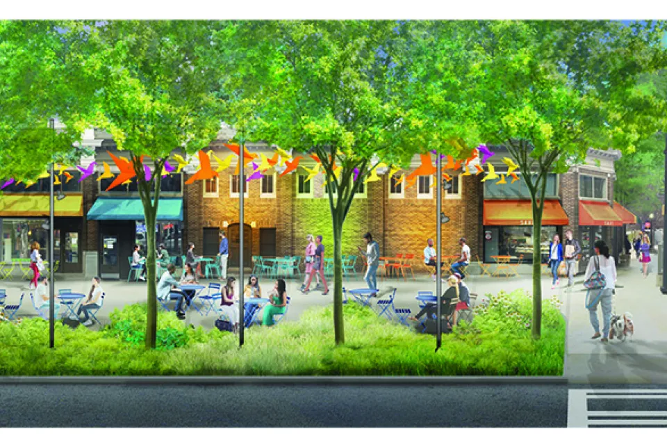 Rendering of Commercial Row Commons redesign with trees, wide sidewalk